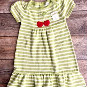 Green Striped Kids Dress with Cherry Design